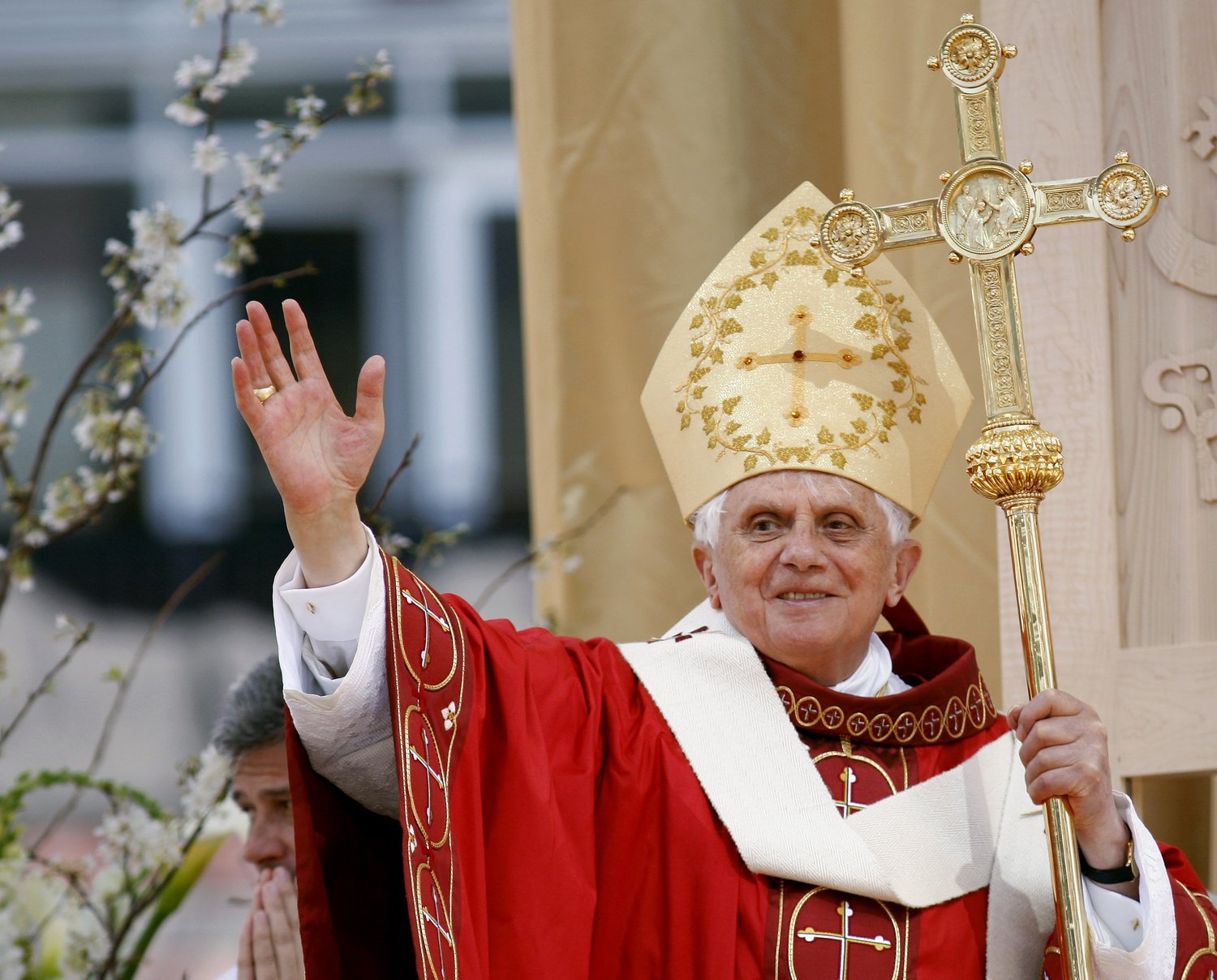 Pope Benedict XVI smiles as he bids the crowd farewell after celebrating Mass at Nationals Park in Washington April 17, 2008. Pope Benedict died Dec. 31, 2022, at the age of 95.